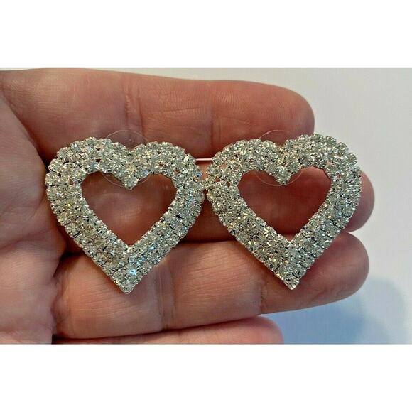 Heart Shaped Pierced Earrings Brilliant Clear White Rhinestones on Silvertone - Picture 3 of 4